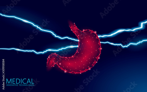 Human stomach chronic disease painful concept. Medical help therapy treatment. Digestive system cancer abdomen pain analysis prevention medicine poster template. 3D vector illustration