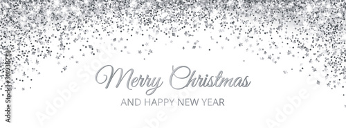 Merry Christmas and New Year card design. Silver glitter decoration