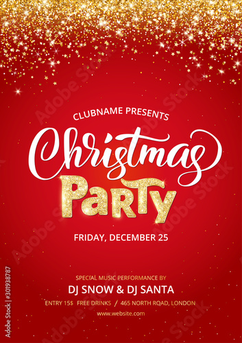 Christmas party poster template. Sparkling glitter holiday background