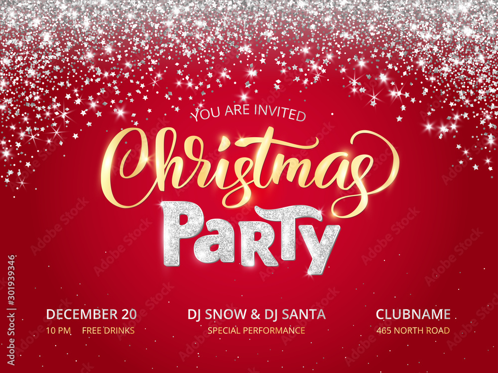 Christmas party poster template. Sparkling glitter holiday background