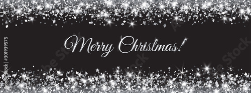 Merry Christmas and New Year banner. Silver glitter decoration