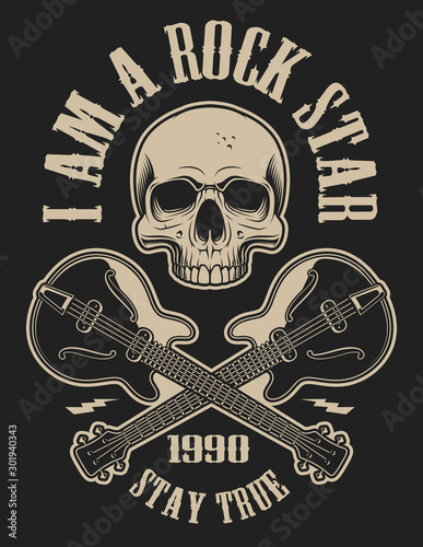 Illustration of a skull with crossed guitars in vintage style