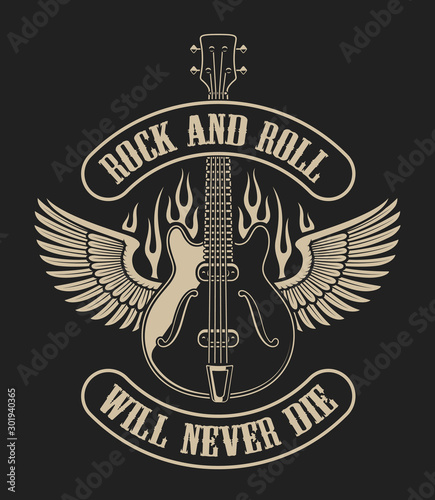 Illustration of a guitar with wings on a dark background photo