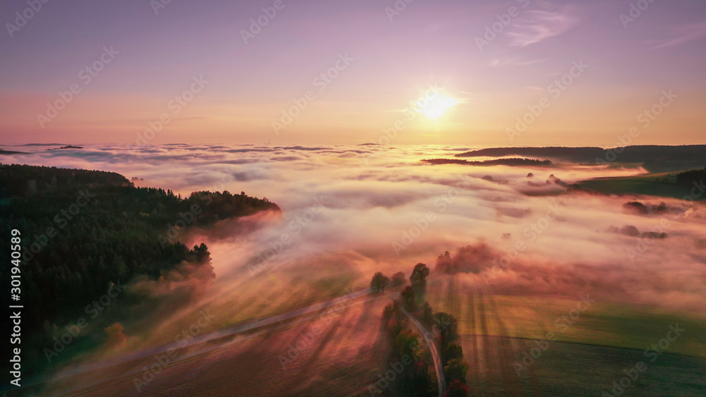 beautiful view over the fog on the autumnal Bavarian forest in the sunset 