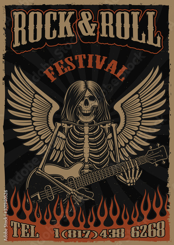 Colour vintage poster on the theme of rock and roll with skeleton