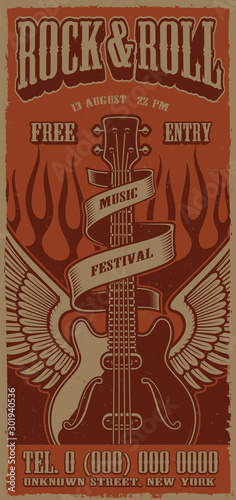 Colour vintage poster on the theme of rock and roll with guitar