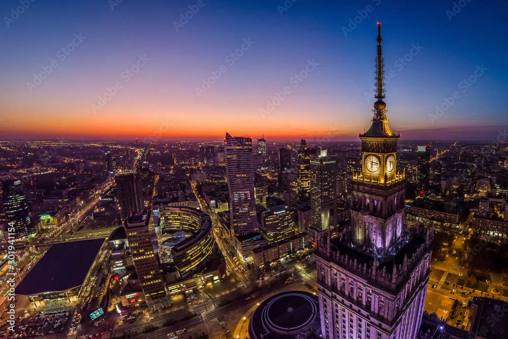 Warsaw city center and Warsaw skyscrapers at dusk aerial view - obrazy, fototapety, plakaty 