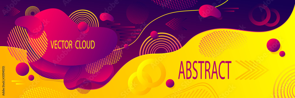 Abstract futuristic background or banner in red orange with clouds wave  liquid drops  geometric shapes dynamic  forms  illusion motion and data transfer