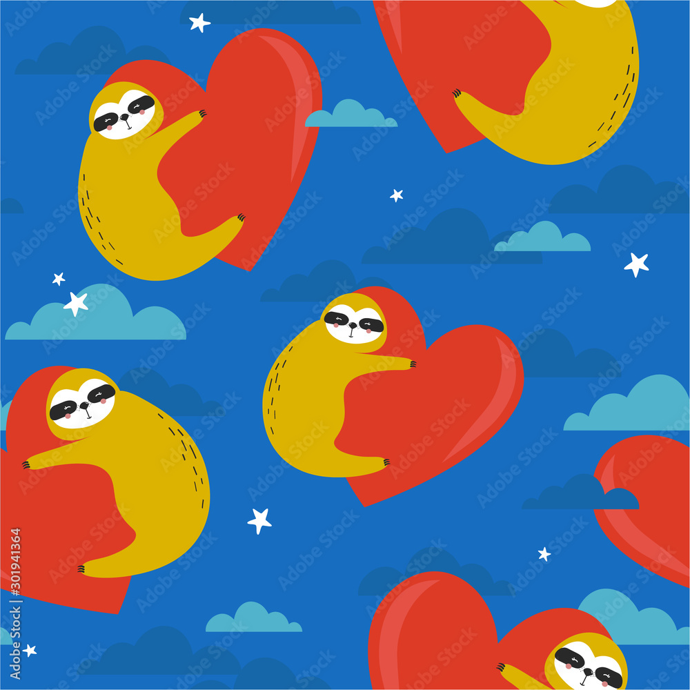 Seamless pattern, sloths with hearts, hand drawn overlapping backdrop. Colorful background vector. Illustration with animals, sky. Decorative colored wallpaper, good for printing