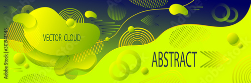 Abstract futuristic background or banner in green with clouds wave  liquid drops  geometric shapes dynamic  forms  illusion motion and data transfer
