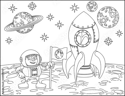 A space cartoon coloring scene background page with rocket  astronaut and planets