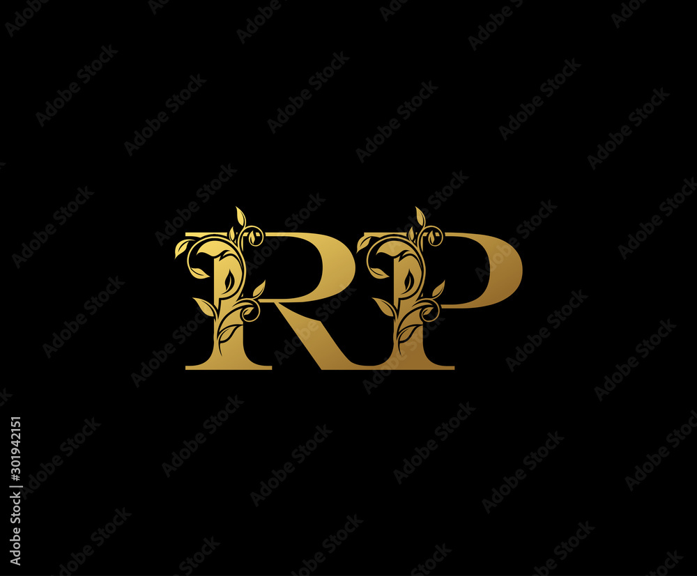 Golden letter P and M and RP  vintage decorative letter logo icon.	