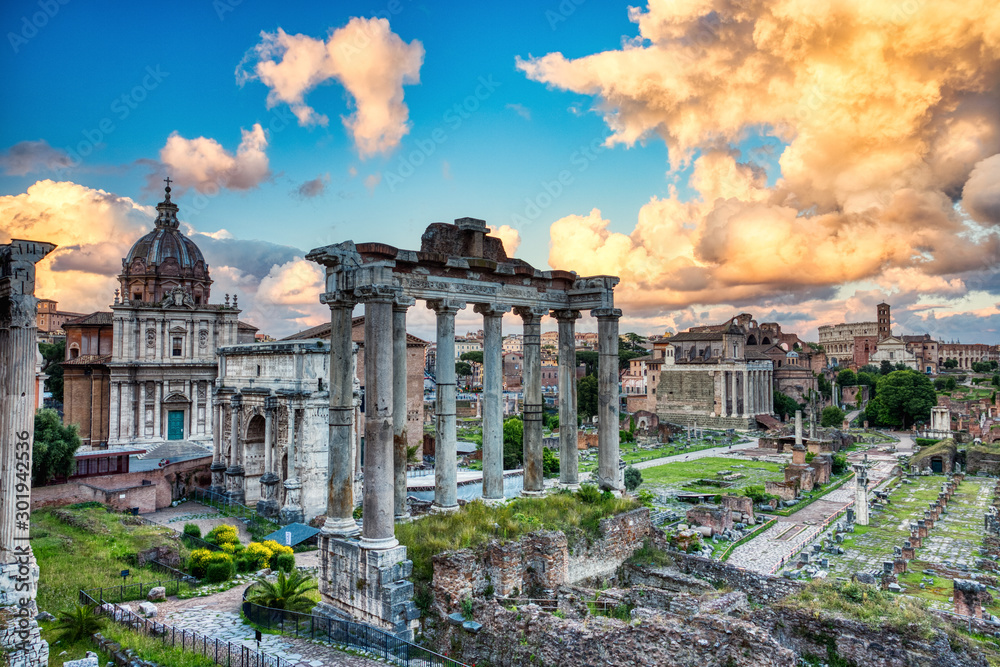 Forum Romanum Illuminated by Colorful Sunset with Bright Clouds, Rome