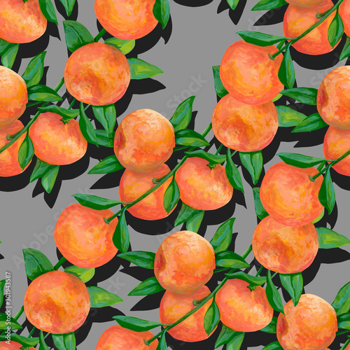 Fototapeta Naklejka Na Ścianę i Meble -  Hand drawn tropical seamless pattern. Realistic botanical drawing with acrylic paint. Branch with tangerine fruits with shadow on gray background. Design for wallpaper, wrapping, card, posters, fabric