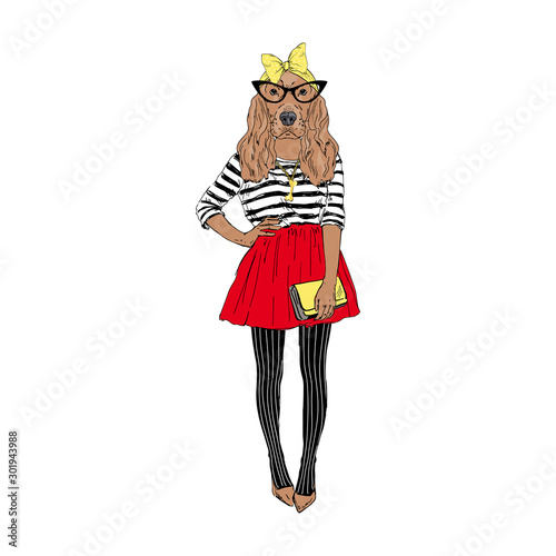 Humanized English Cocker Spaniel breed dog dressed up in hipster outfits. Design for dogs lovers. Fashion anthropomorphic doggy illustration. Hand drawn vector.