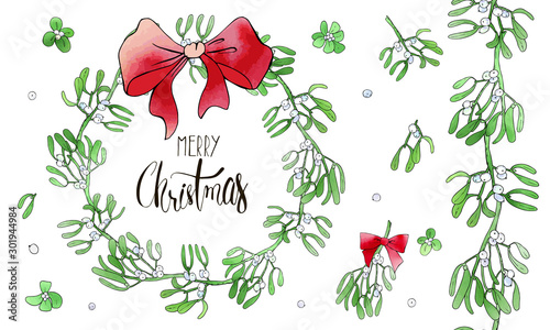 Christmas seamless brush from mistletoe branches with wreath and red bow. Vector set. For printed materials, prints, posters, cards, logo. Holiday background. Hand drawn decorative elements. 