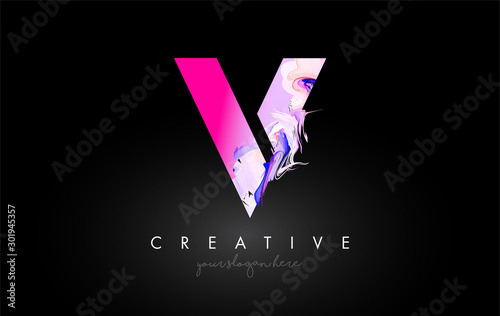 V Letter Artistic Purple Paint Flow Icon Logo Design. Creative Ink Flowing Letter Icon Design Vector