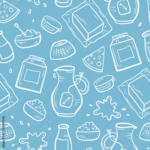Vector Food Seamless Pattern. Hand Drawn Sketch Doodle Dairy Products Background