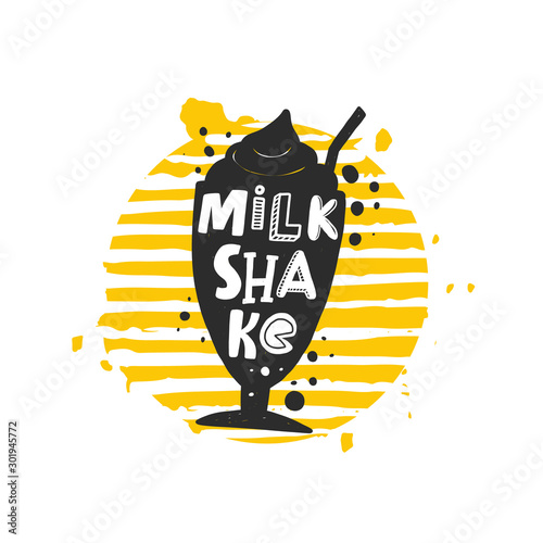 Milk shake grunge style banner template. Cocktail glass silhouette on striped round frame with stylized lettering, ink drops. Cafe menu, shop, poster design element