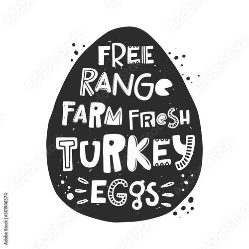 Fresh turkey eggs banner template. Farm organic product silhouette. Healthy nutrition, natural dish stylized lettering with ink drops. Fast cooking meal, farmer market poster design element
