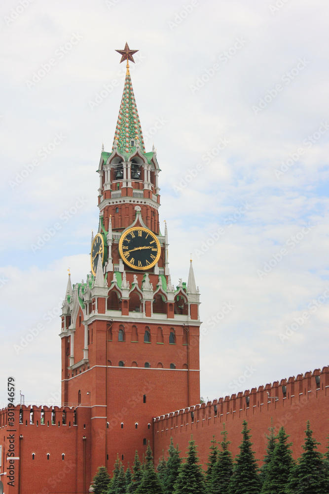 Moscow Kremlin on the Red Square in Russia. Spasskaya Tower vertical view of the most popular details of the Kremlin building 