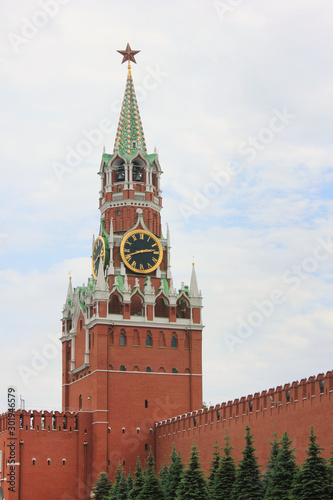 Moscow Kremlin on the Red Square in Russia. Spasskaya Tower vertical view of the most popular details of the Kremlin building 