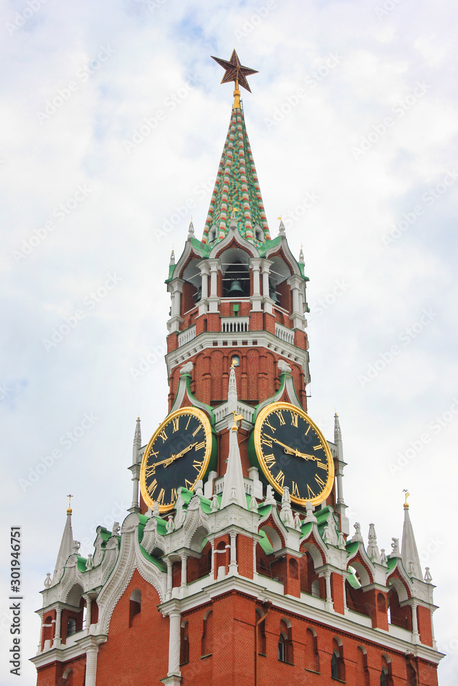 Spasskaya Tower of Moscow Kremlin close up view. Architecture of the main Tower of the Kremlin on Red Square in Russia 