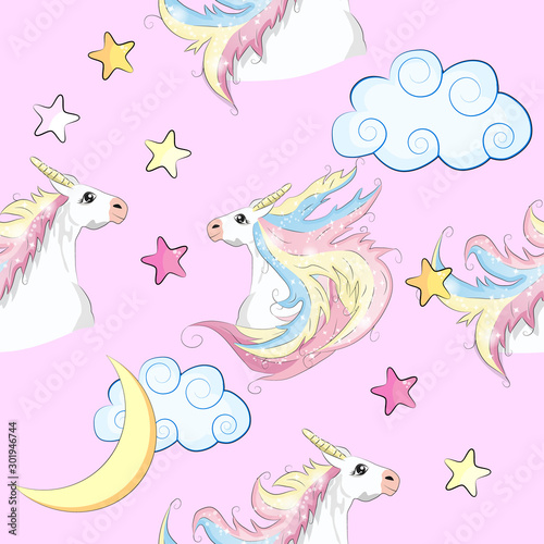 Seamless pattern with cute unicorns  clouds rainbow and stars. Magic background with little unicorns.