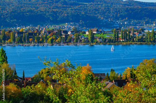Early autumn on Lake Constance. View from a hill above the village Allensbach on the western Lake Constance with the island Reichenau on a really rare clear day.