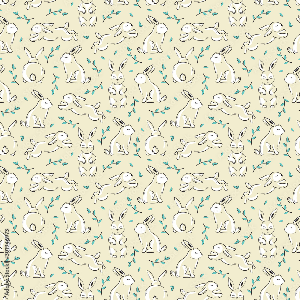 Easter Seamless Pattern with Bunnies. Floral Background with Little Rabbits. Cute Bunny with Leaves. Hares Line Art Vector Illustration