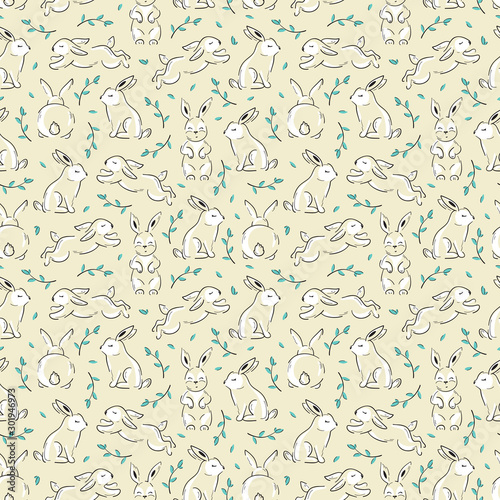 Easter Seamless Pattern with Bunnies. Floral Background with Little Rabbits. Cute Bunny with Leaves. Hares Line Art Vector Illustration