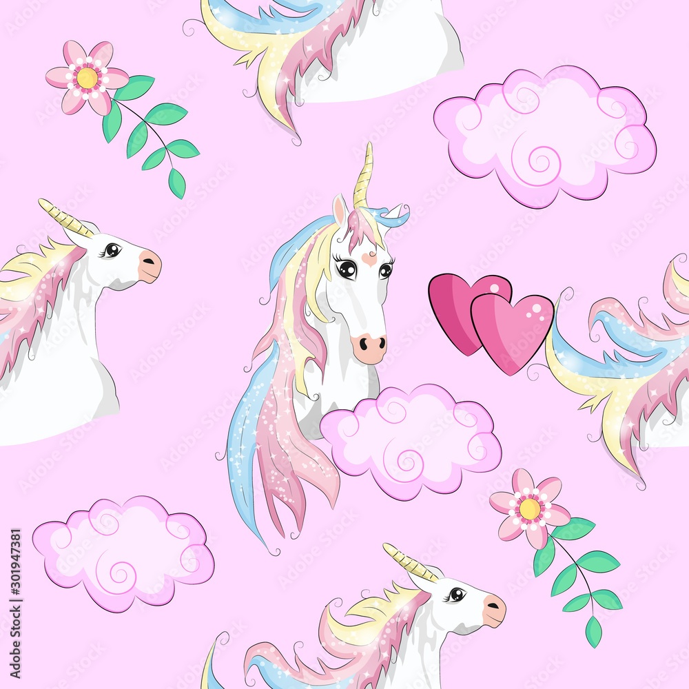 Seamless pattern with cute unicorns, clouds,rainbow and stars. Magic background with little unicorns.