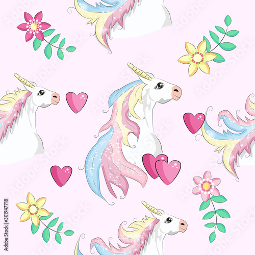 Seamless pattern with Unicorns, rainbows and hearts, trendy cartoon patches.