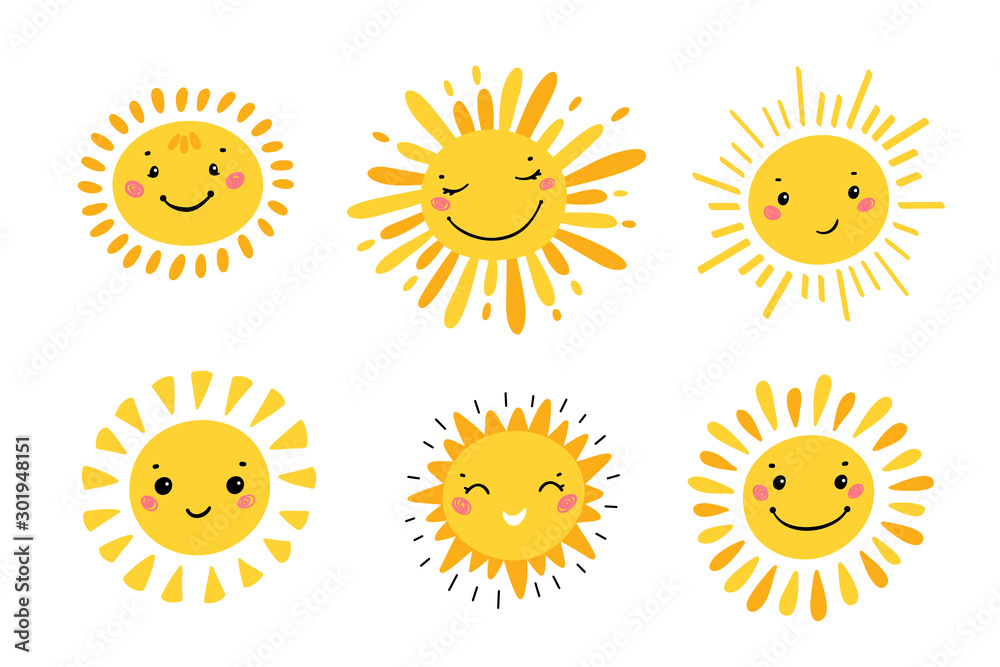 Cute Sun Icon Vector Set. Hand Drawn Doodle Different Funny Suns  - obrazy, fototapety, plakaty 