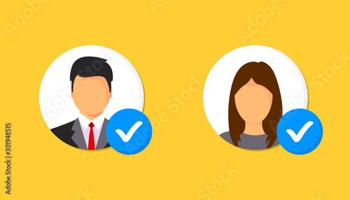 Profile approved icon. Profile with checkmark icon. Verified Account icon. Checked verified profile symbol. User accepted, validation verified. Approved or applied person sign.