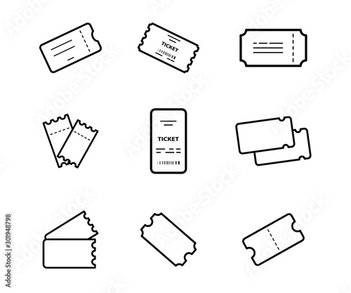 Ticket icon. Set of Tickets symbol. Thin linear graphic pictogram for website, mobile application. Collection of Template Tickets and Coupons, vector illustrations