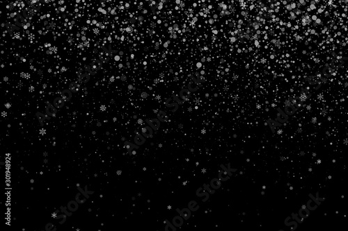 Falling snowflakes. Snowfall. Falling Snowflakes. Winter Christmas Snow background. Christmas snow for the new year in different shapes and forms. Xmas snow flake