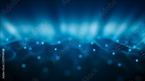 Digital technology background. Network with glowing light blue dots structure. Big data cloud, 3d illustration. Blockchain network concept. Futuristic data flow.