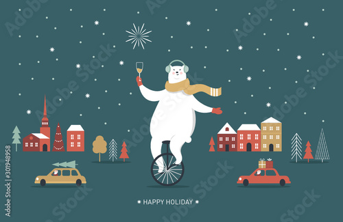 Christmas Card, Seasons greetings, Polar bear is going by monocycle, unicycle 