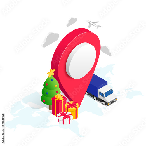 Christmas Gift delivery isometric concept pin