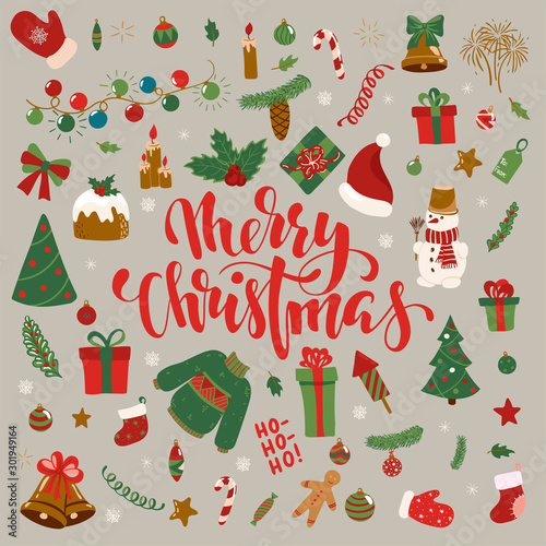 Happy New Year and Merry Christmas doodle set. Collection of xmas elements for design holiday greeting cards and invitations of the Merry Christmas and Happy New Year, seasonal winter holidays.