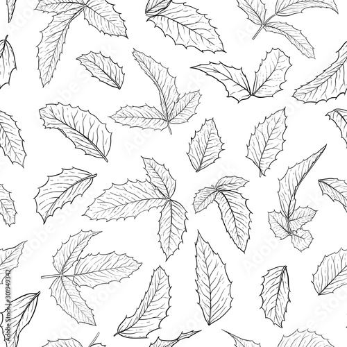 black and white seamless pattern holly  ilex branch with leaves on white background. design holiday greeting cards and invitations of Merry Christmas and Happy New Year  seasonal winter holidays