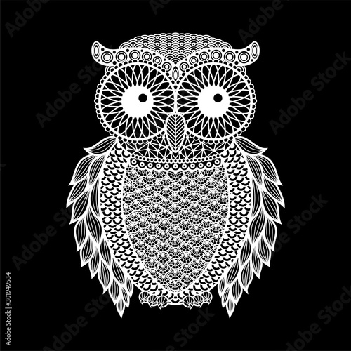 Zentangle stylized Black Owl. Hand Drawn vector illustration isolated on white background. Vintage sketch for tattoo design or mehandi