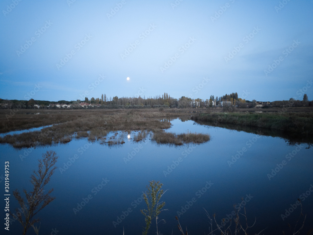 Moon reflecting on the water of the lagoon.