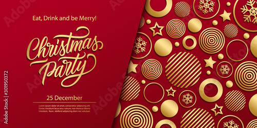 Christmas Party luxury holiday banner with gold hand lettering and gold colored christmas balls background. Vector illustration.