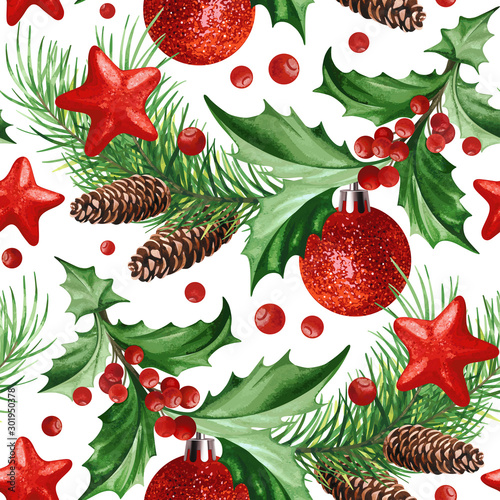 Seamless pattern with Christmas symbol - Holly leaves, Christmas tree with cones, stars and balls on white background. 