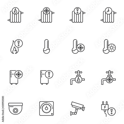Home automation line icons set. linear style symbols collection outline signs pack. vector graphics. Set includes icons as heater radiator water temperature thermometer, security camera, clima control