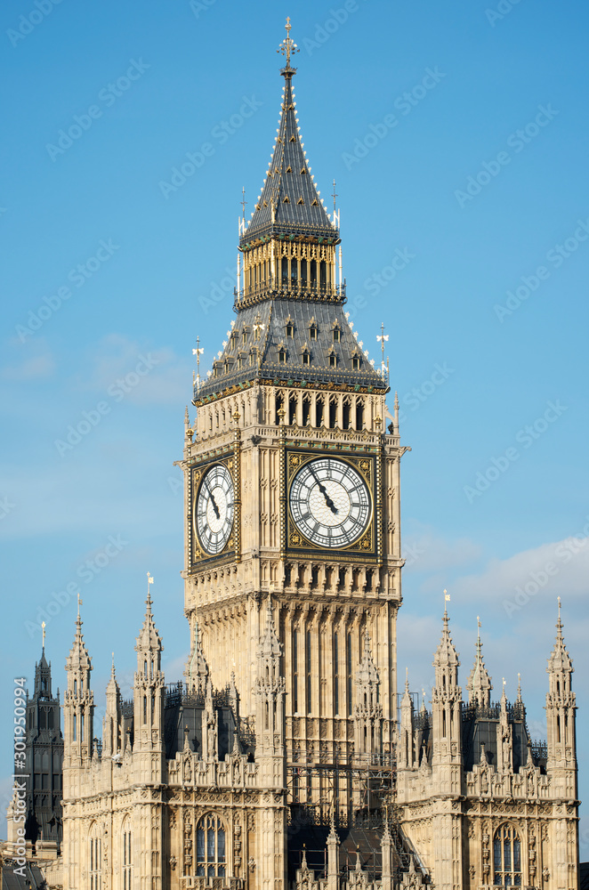 Bright morning view of Big Ben, formally known as Elizabeth Tower, standing above Westminster Palace in London, UK
