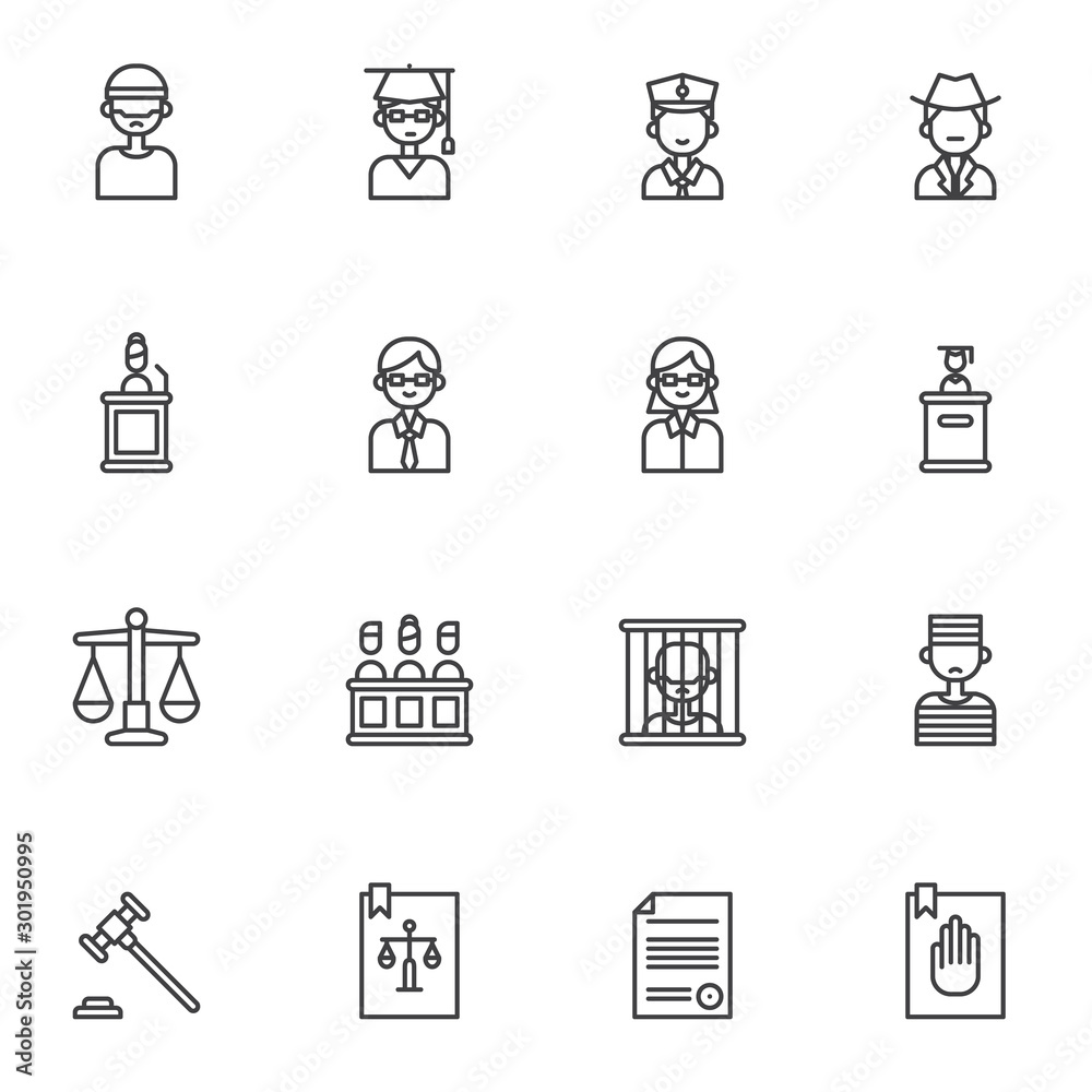 Law, justice line icons set. linear style symbols collection, outline signs pack. vector graphics. Set includes icons as judge gavel, attorney, jury, barrister, judge at podium, law book, prisoner Law, justice line icons set. linear style symbols collection, outline signs pack. vector graphics. Set includes icons as judge gavel, attorney, jury, barrister, judge at podium, law book, prisoner