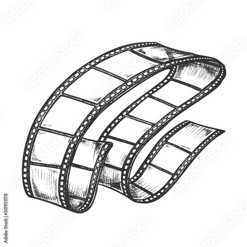 Film Strip For Video Camera Monochrome Vector. Curved Blank Retro Film Tape Negative. Cinema Production Accessory For Make Movie Engraving Layout Designed In Vintage Style Black And White Illustration